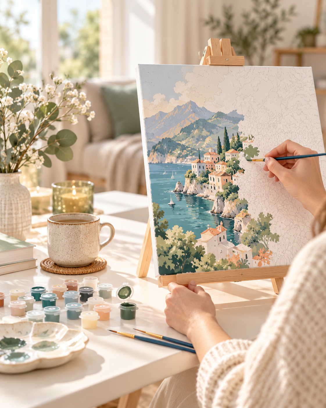 Person painting a coastal paint by numbers artwork at a bright creative workspace